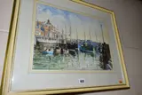 Fishing boats at their moorings in a harbour by Les Pearson, 1967, watercolour on paper, sold Aug 2022