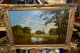 English school landscape with church by Edmund John Niemann, oil on canvas, sold Aug 2022