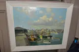 FISHING BOATS MOORED AT A QUAYSIDE, figures are in tenders to the by W. Goodman, oil on board, sold Aug 2022