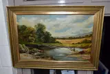 'BLAYDON', a North East landscape, possibly depicting Blaydon Burn by C. Robson, 1883, oil on canvas, sold Aug 2022