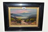 The first depicts a pathway leading by George Willis-Pryce, oil on wood, sold Aug 2022