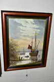 A FISHING BOAT AT ITS MOORINGS, a figure in a tender is approaching, by Gordon Allen, oil on canvas, sold Aug 2022