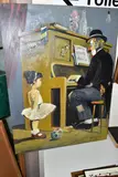 A young girl stands beside a clown who is playing a piano by Cavan Corrigan, oil on board, sold Aug 2022