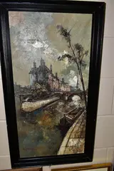 'barges on the seine by Marius Girard, oil on canvas, sold Aug 2022