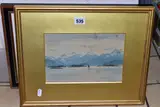 A CONTINENTAL LAKE SCENE, a lone dinghy sails against a by William Alister MaCdonald, 1906, watercolour on paper, offered Aug 2022
