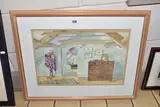 An interior of a room in a beamed building by Annie Williams, watercolour on paper, sold Aug 2022