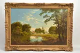 English school landscape with church by Edmund John Niemann, oil on canvas, offered Jul 2022
