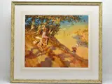 a young girl shaded by trees prepares to pay a visit to the beach, by John Haskins, oil on board, sold Jul 2022