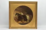 Brown and white heavy horses in stables by John Frederick Herring Snr, 1853, oil, sold Jul 2022