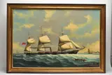 The steam & sail ship orinoco entering a spanish harbour by Salvatore Colacicco, oil on wood, sold Jul 2022