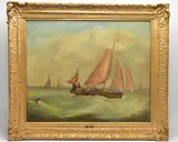 Fishermen in a boat hauling in a net by Louis Bland, 1852, oil, sold Jul 2022