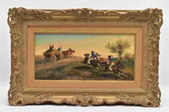'brigands attacking a priest fleeing on a haycart during the by Alfred Steinacker, 1988, oil on wood, sold Jul 2022
