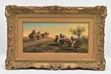 'brigands attacking a priest fleeing on a haycart during the by Alfred Steinacker, 1988, oil on wood, sold Jul 2022