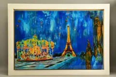 Eiffel tower by night by Annie Blanchet Rouze, 2016, mixed media on board, sold Jul 2022