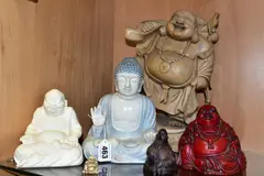 PORCELAIN AND RESIN BUDDHA FIGURES, including a wooden buddha with one raised by Six Modern Wooden, sculpture, sold Jun 2022