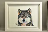 'GOLDEN EYES' a portrait of a wolf, signed bottom left, by Sarah Stokes, watercolour on paper, sold Jun 2022