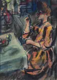 A lady seated at a table lighting a cigarette Signed Bonhomme by Léon Félix Georges Bonhomme, Mixed media, offered May 2022