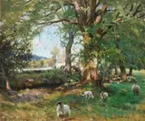 Landscape with sheep by a stream and a cottage on the far bank Signed J by John Howard Lyon, Oil on canvas, sold May 2022