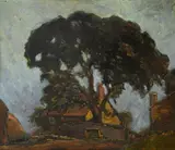An oak tree by a farm Signed Fred Hall by Frederick Hall, Oil on board, offered May 2022