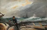 Sailor in heavy weather off the Jersey coast Signed F J SANG by Frederick J. Sang, Oil on board, sold May 2022