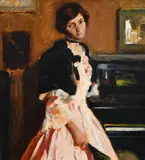 Portrait of a lady by a piano wearing a pink dress and holding by Giannino Marchig, Oil on board, offered May 2022