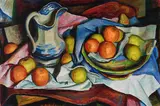 Still life with fruit and a blue and white jug Signed and dated by James Stroudley, Oil on canvas, sold May 2022
