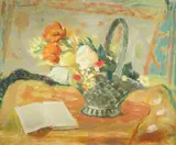 Still life with a basket of flowers and an open book Signed R by Roger Limouse, Oil on canvas, sold May 2022