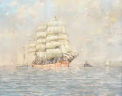 A clipper and other boats in calm waters Signed F by Frank Kelsey, Oil on canvas, offered May 2022