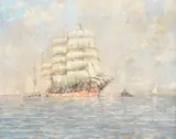 A clipper and other boats in calm waters Signed F by Frank Kelsey, Oil on canvas, offered May 2022