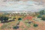 Continental landscape with a town in the distance Signed and by Charles Brooke Farrar, Oil on canvas, sold May 2022