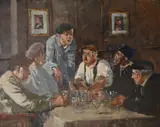 Figures drinking in a tavern Signed J LE JEUNE by James Le Jeune Rha, Oil on canvas, sold May 2022