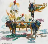 Studies of an Indian figure with his cart pulled by cows by Walter Langhammer, Oil on canvasboard, sold May 2022
