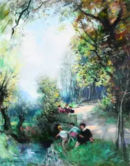 Landscape with children playing by a stream Signed twice by Jules Rene Herve, Oil on canvas, offered May 2022