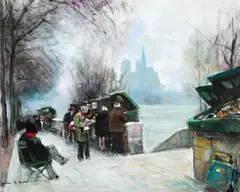 View of Paris by the Seine with Bouquinistes and Notre Dame by Jules Rene Herve, Oil on canvas, sold May 2022