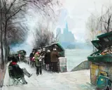View of Paris by the Seine with Bouquinistes and Notre Dame by Jules Rene Herve, Oil on canvas, sold May 2022