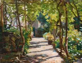 A sunlit avenue of trees Oil by Barbara Marsh, Oil on canvas, sold May 2022
