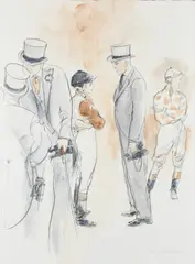 Meeting the jockey Signed Henry Koehler by Henry Koehler, Mixed media on paper, sold May 2022