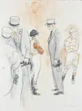 Meeting the jockey Signed Henry Koehler by Henry Koehler, Mixed media on paper, sold May 2022