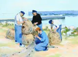 Breton fishermen preparing their nets and baskets Signed L by Louis Parrens, Oil on canvas, offered May 2022