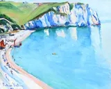 The coast at Étretat Signed by Robert Vallin, Oil on board, sold May 2022