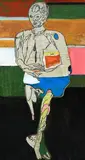Homme en pied sur fond rayé by Pierre Courtens, Oil on board, sold May 2022