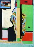 Personnage sortant sur fond vert Signed and indistinctly by Pierre Courtens, Oil on board, sold May 2022