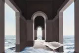 A building and seagull sinking beneath the waves Signed G Daël by Genevieve Dael, Oil on canvas, offered May 2022
