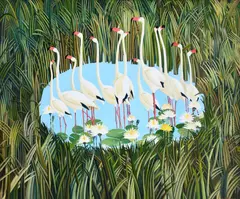 Flamingos wading in a pond Signed and dated Bob Marchant 1980 by Bob Marchant, Oil on canvas, offered May 2022
