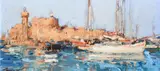 View of a harbour with fortifications in the distance Signed Moroney by Ken Moroney, Oil on board, sold May 2022