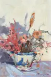 Still life with flowers in a blue and white jug Signed Moroney by Ken Moroney, Oil on board, sold May 2022