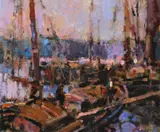 Fishing boats moored in a harbour Signed Moroney by Ken Moroney, Oil on board, sold May 2022