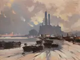 Chelsea Creek with barges moored before Lots Road Power by Gordon Hales, Oil on canvas, sold May 2022