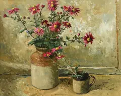 Still life with flowers in a stoneware pot and mug Signed Carolyn by Carolyn Sergeant, Oil on canvas, sold May 2022