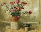 Still life with flowers in a stoneware pot and mug Signed Carolyn by Carolyn Sergeant, Oil on canvas, sold May 2022